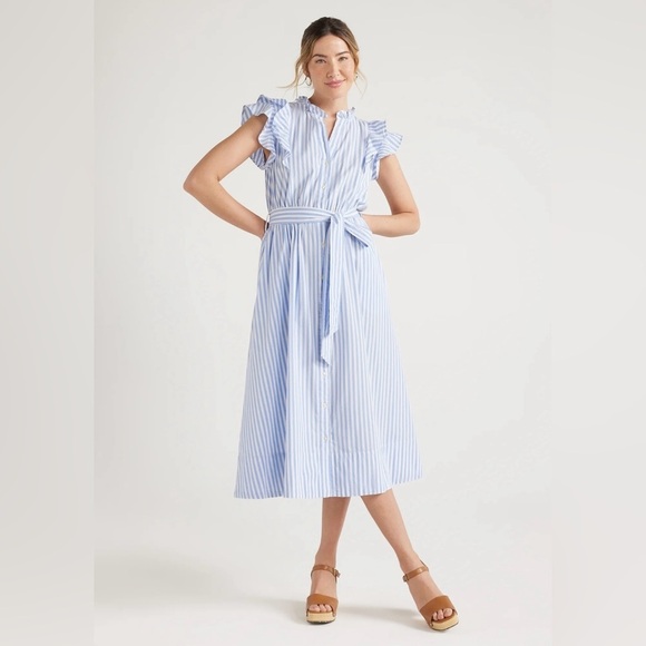 Free Assembly Dresses & Skirts - Blue Striped Midi Dress Ruffle Sleeve NWT Free Assembly Size XXL